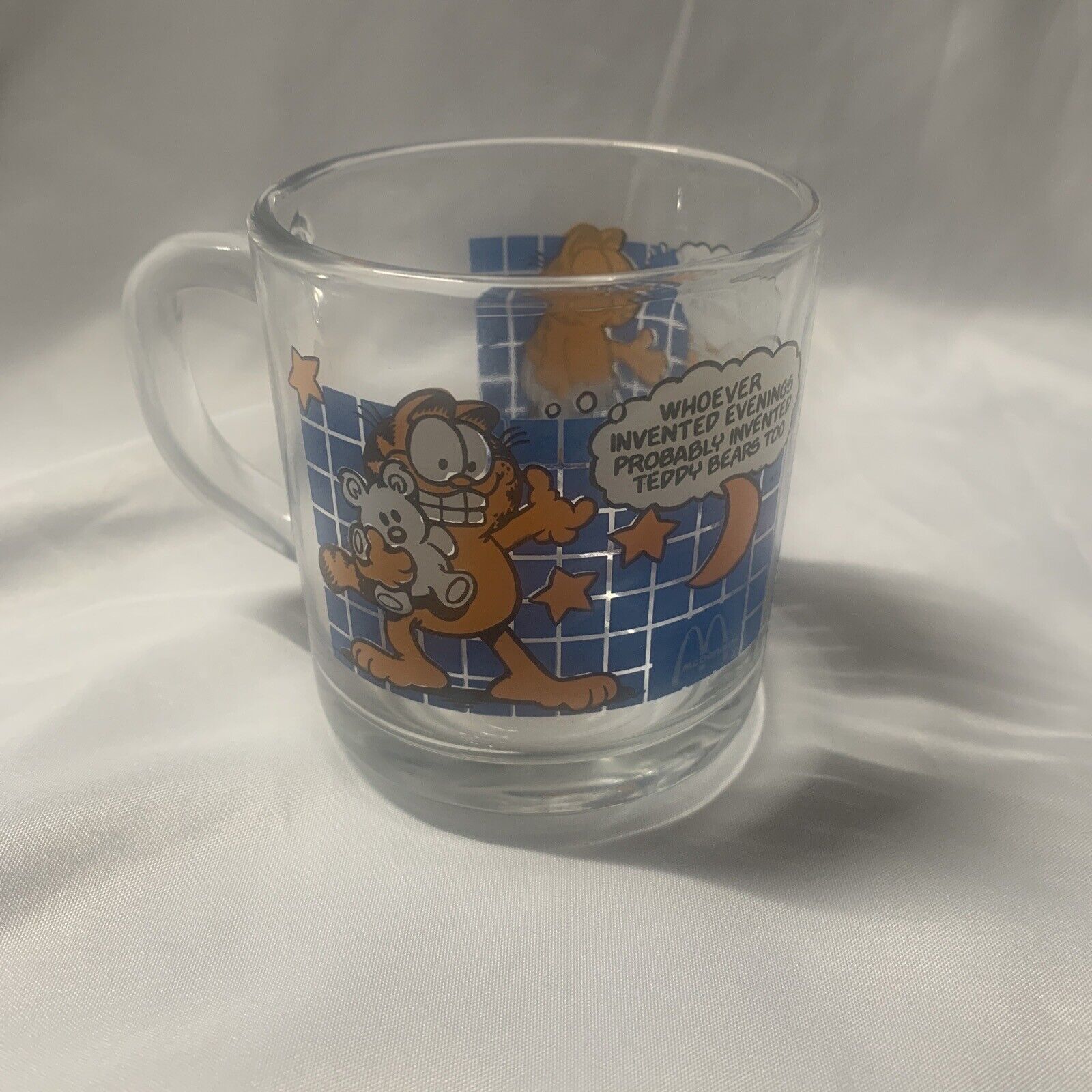Vintage 1978 McDonalds Garfield Coffee Mug Blue Grid Clear Glass Cup Jim Davis