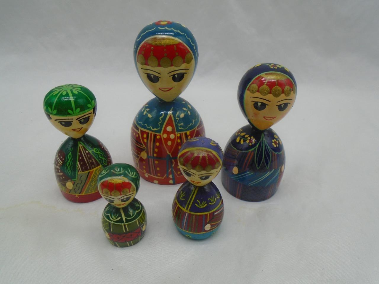 Vintage Set (4) Russian Miniature Dolls Hand Painted Woman Wooden