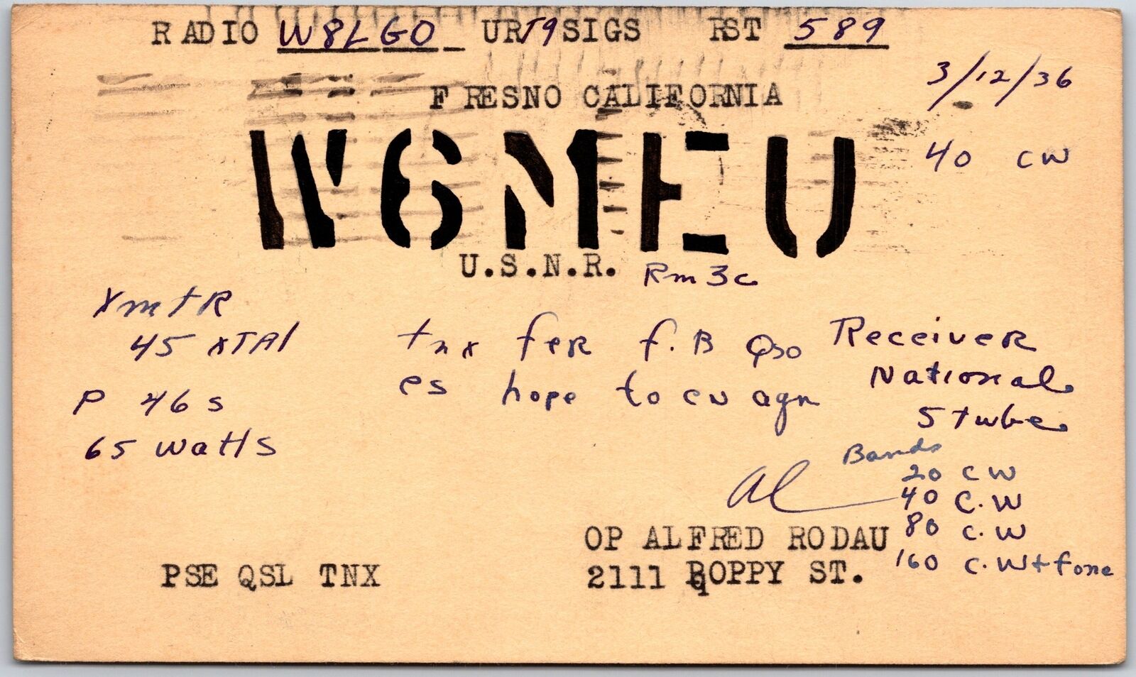 1936 QSL Radio Card Code W6MEU Fresno California Amateur Station Posted Postcard