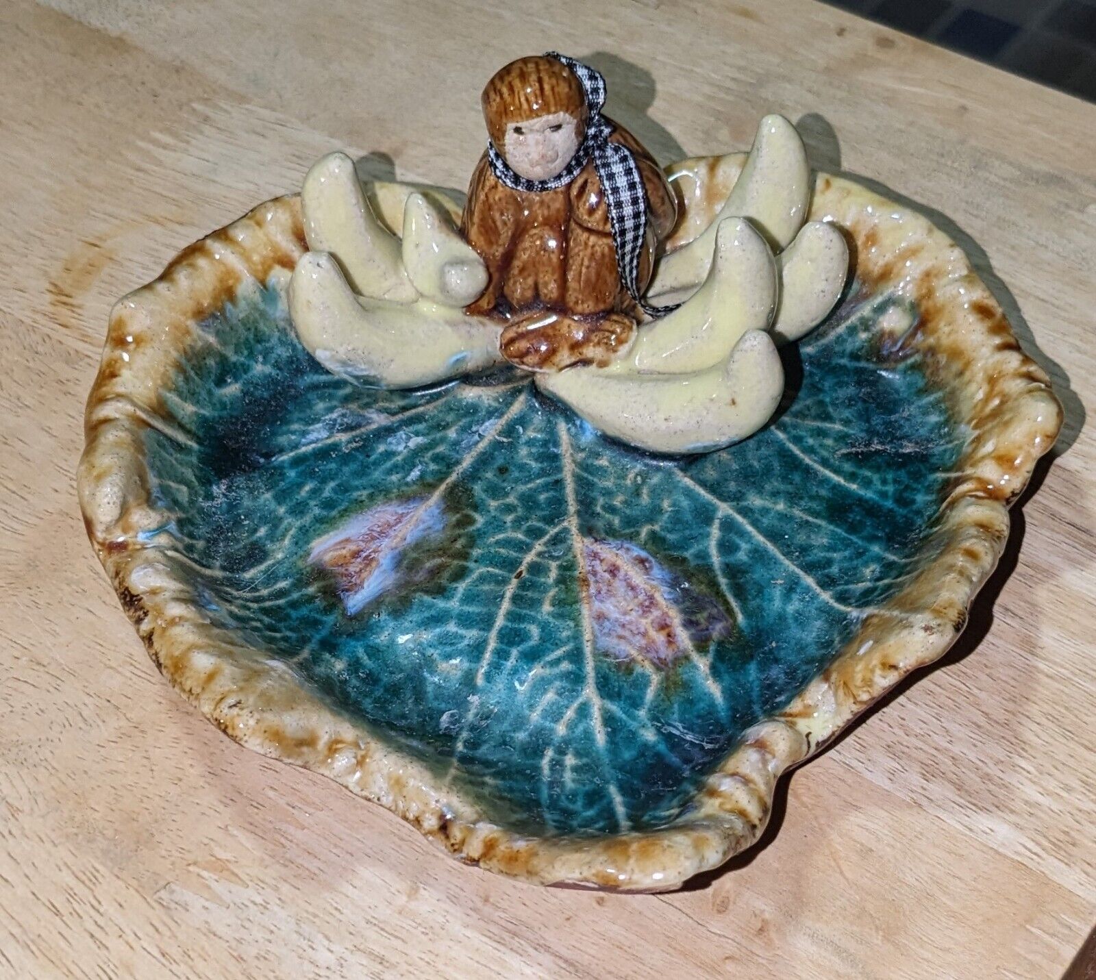 Vintage Majolica Monkey, Bananas Dish on Green Leaf Trinket Tray or Ashtray 