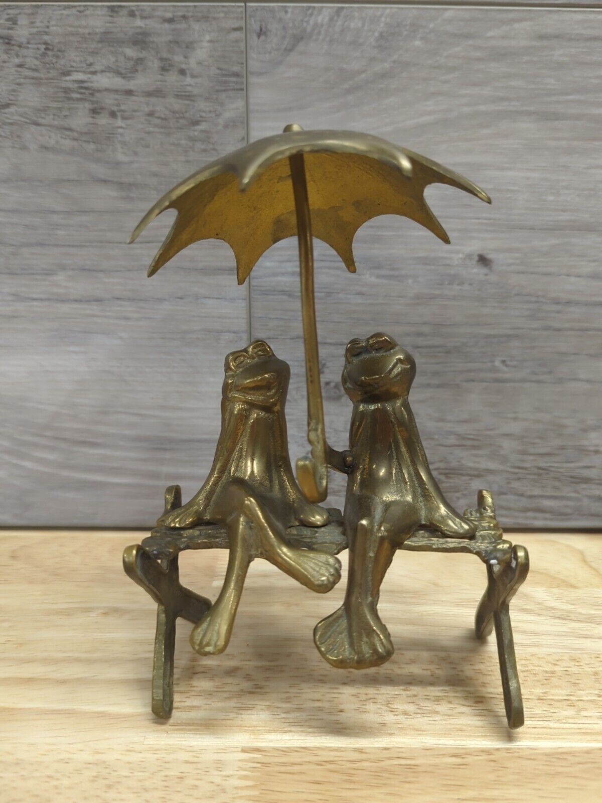 Vintage Brass Frogs On Bench With Umbrella
