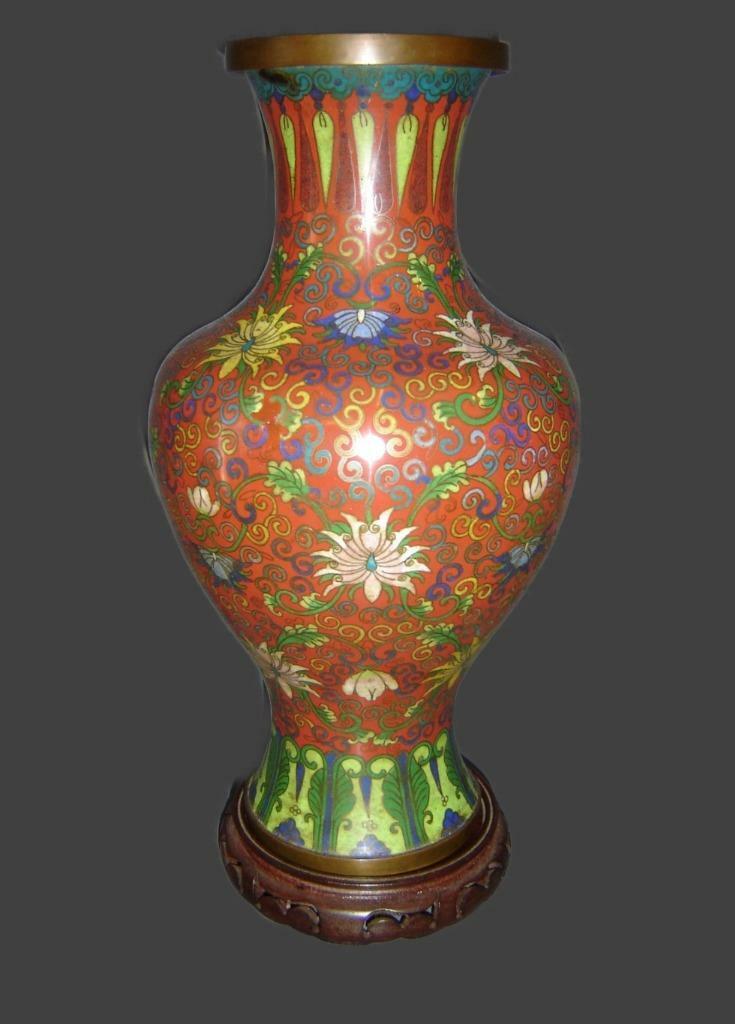 Superb Antique Chinese Qing Cloisonne Bronze Enamel Baluster Vase With Lotus.