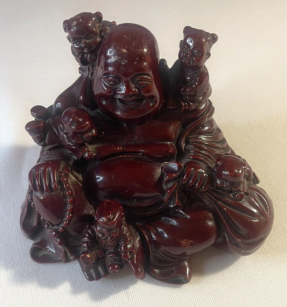 Vintage Carved Dark Red Resin BUDDHA With Babies Figurine - 4” Tall