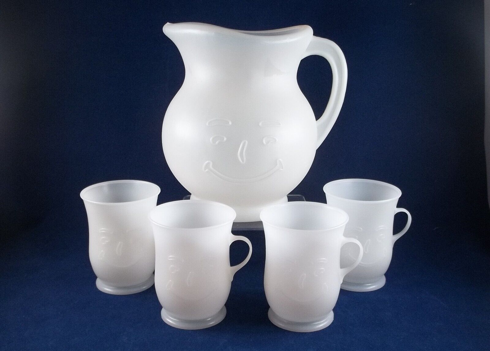 Vintage 1980's Kool Aid Opaque White Plastic Pitcher & 4 Matching Cups