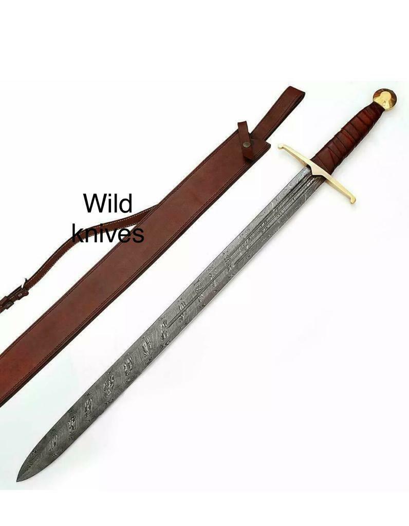 A BEAUTY LONG SHARP EDGE- 30'' DAMASCUS STEEL HUNTING SWORD WITH LEATHER SHEATH