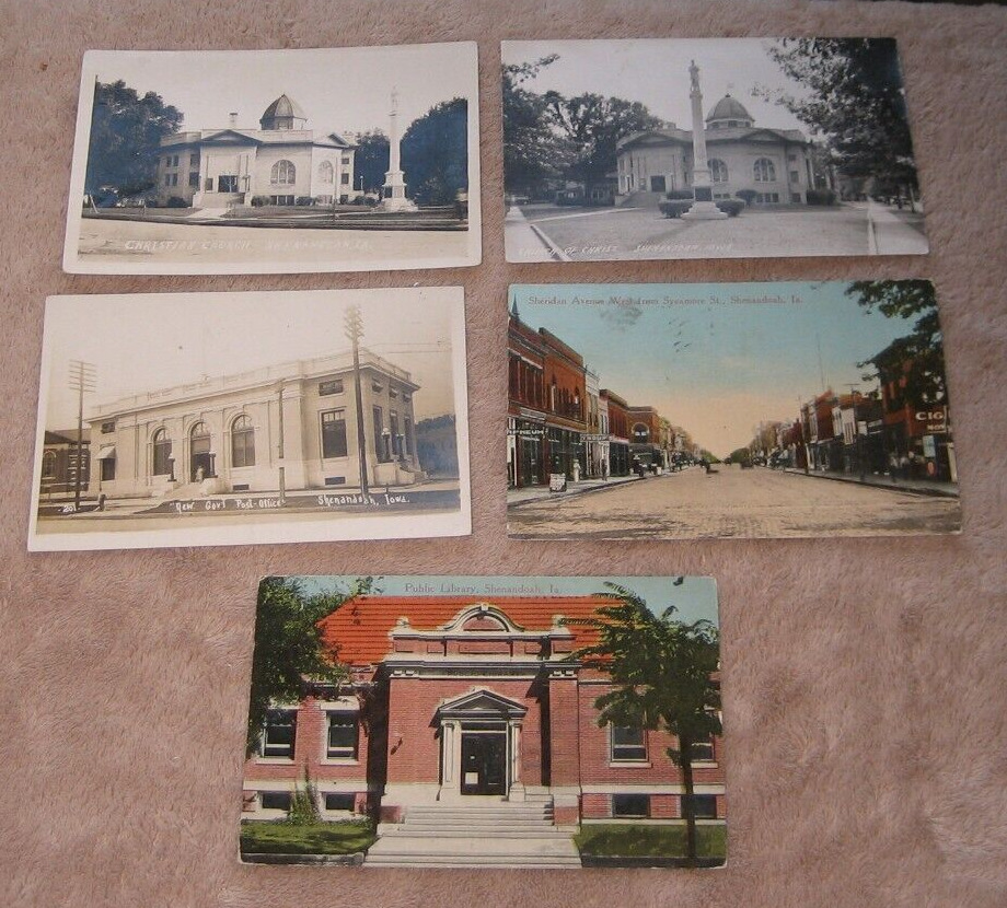 Shenandoah IA Iowa 5 Card Lot GAR Church Post Office RPPC Sheridan St c 1910 40s