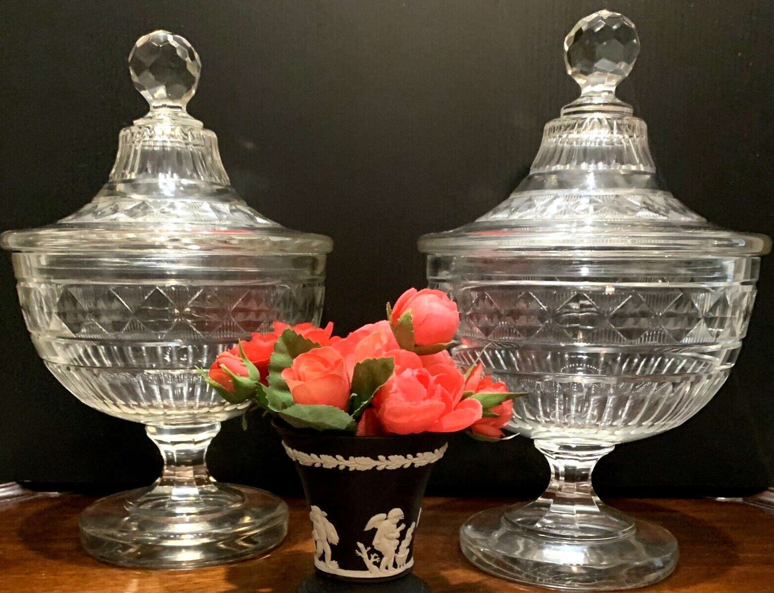 Pair Antique Anglo Irish Cut Glass Chestnut Urns Sweetmeat Jars