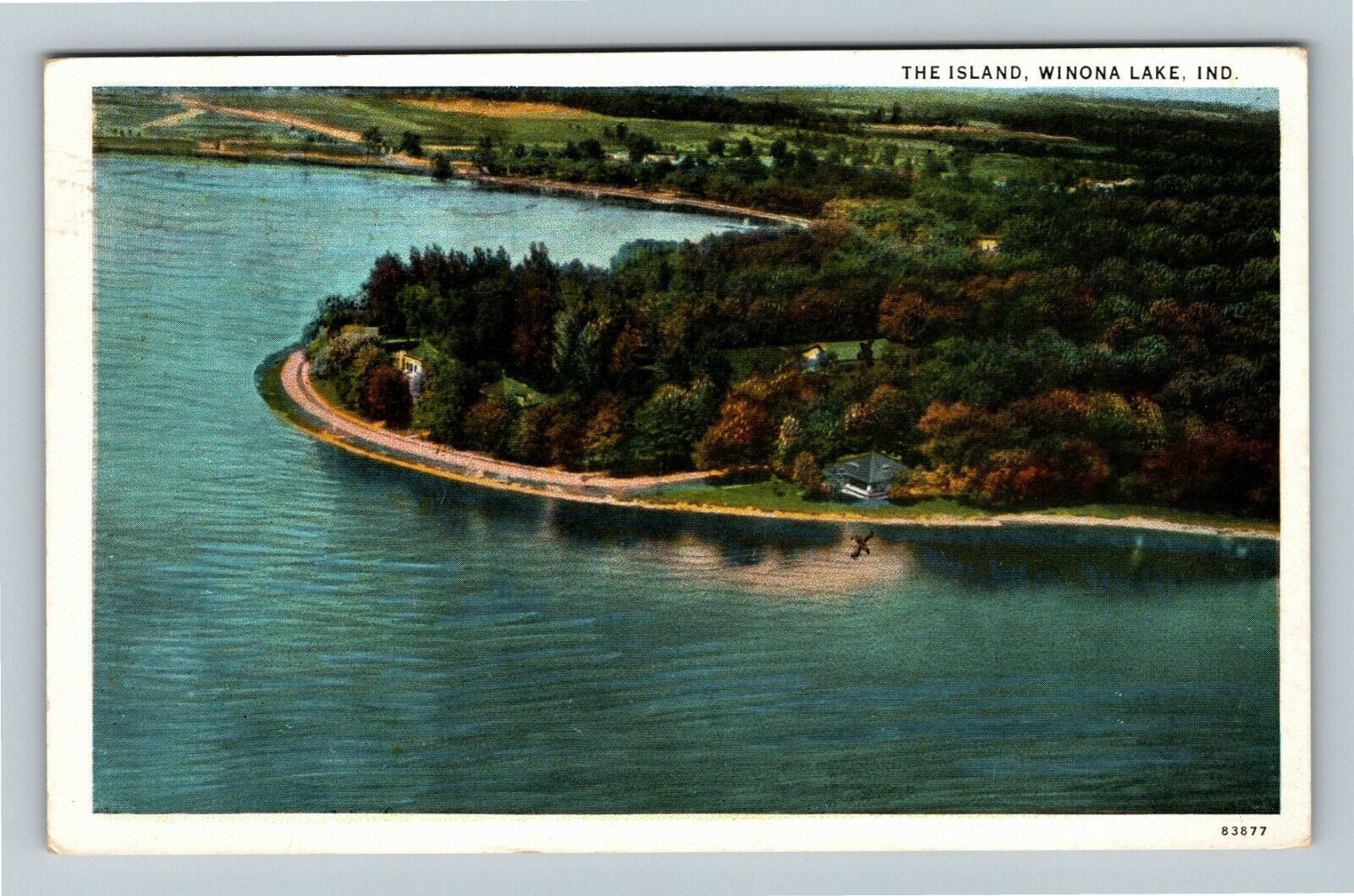 Winona Lake IN Indiana, Aerial View, The Island, c1935 Vintage Postcard