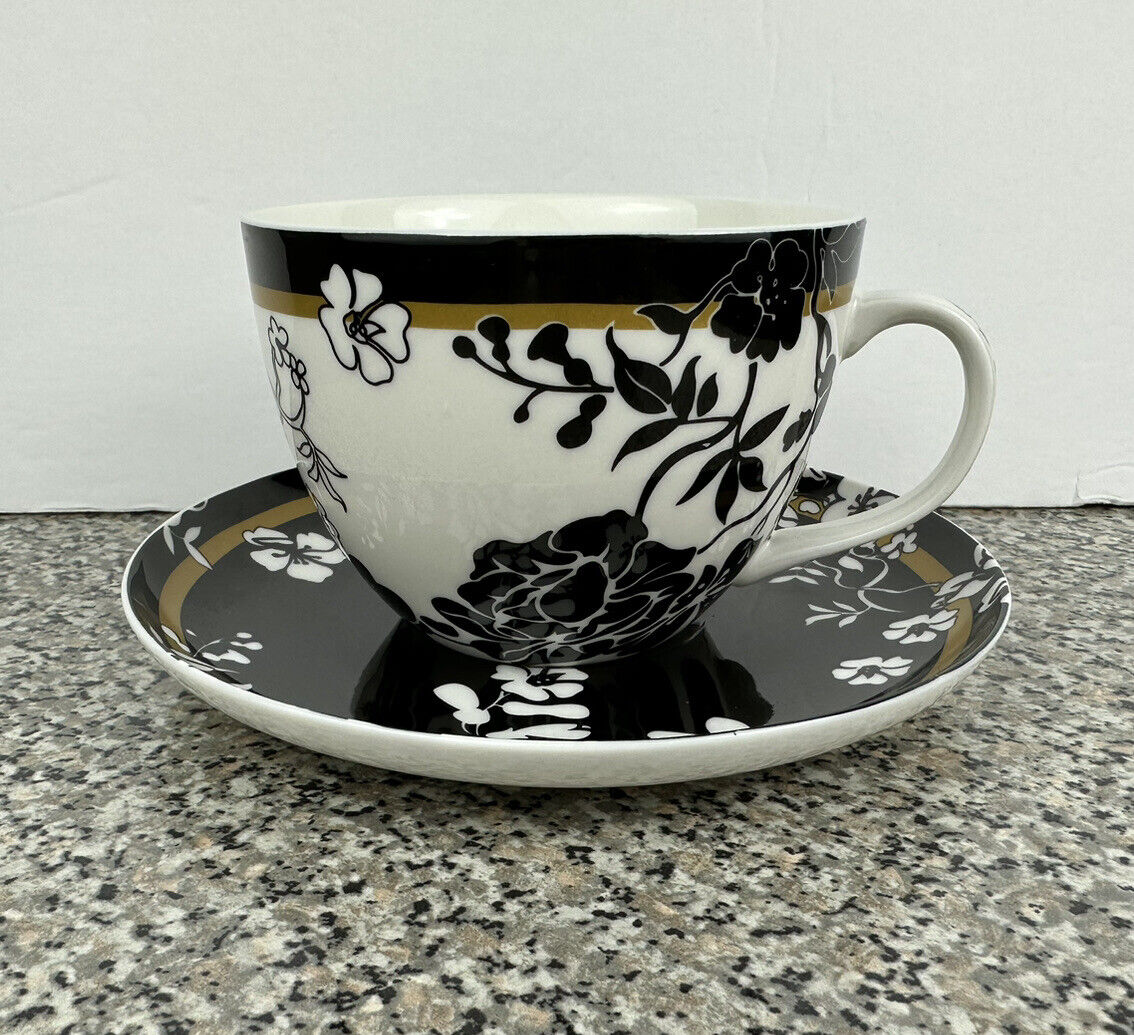Victoria and Albert Museum Tea Cup Saucer V&A Black White Floral Fine China