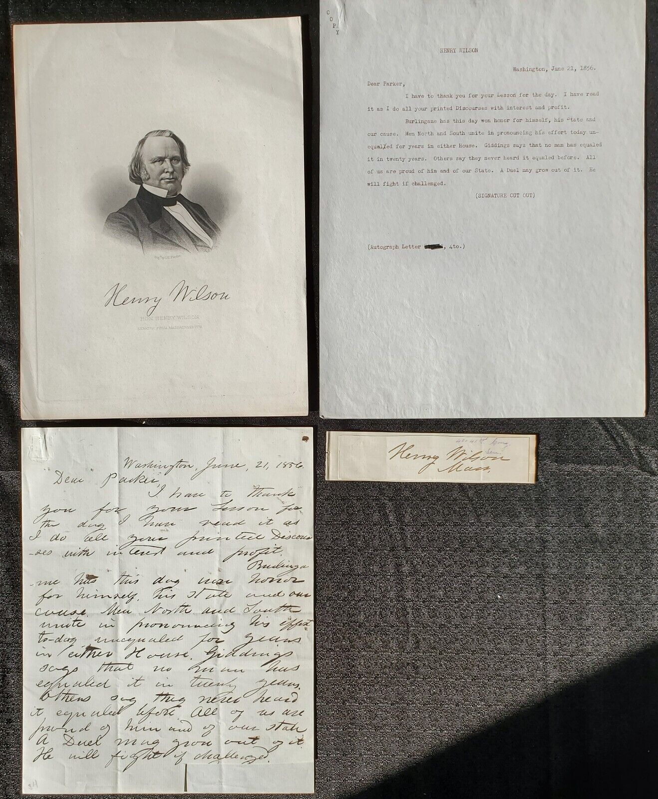 1856 Senator Henry Wilson Cut Autograph + Print Civil War Duel Letter + 8x10