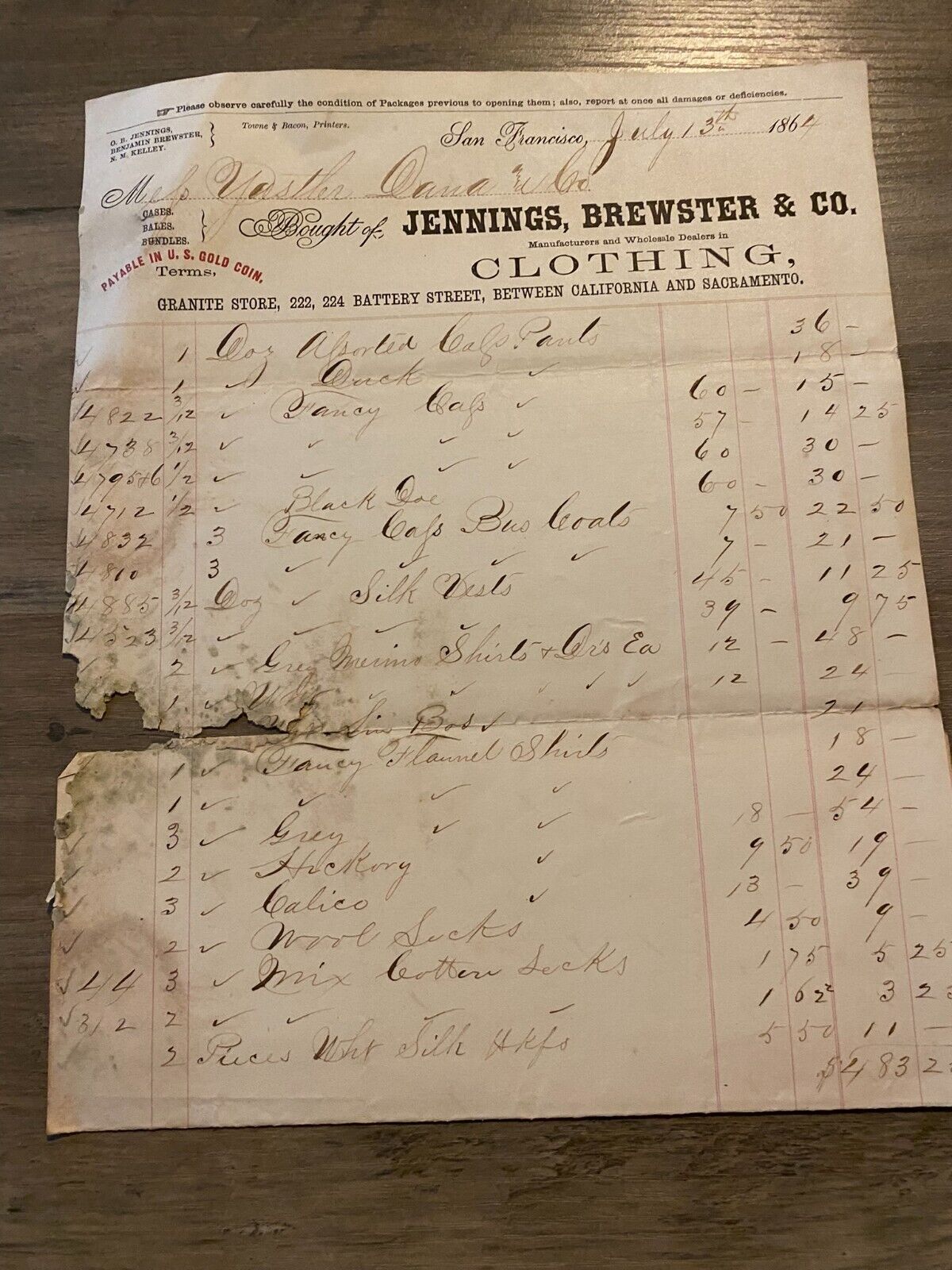 1864 San Francisco California Letterhead Receipt Jennnings Brewster Co