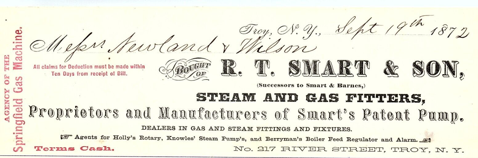 1872 TROY NY R.T. SMART & SON STEAM AND GAS FITTERS BILLHEAD INVOICE Z1567