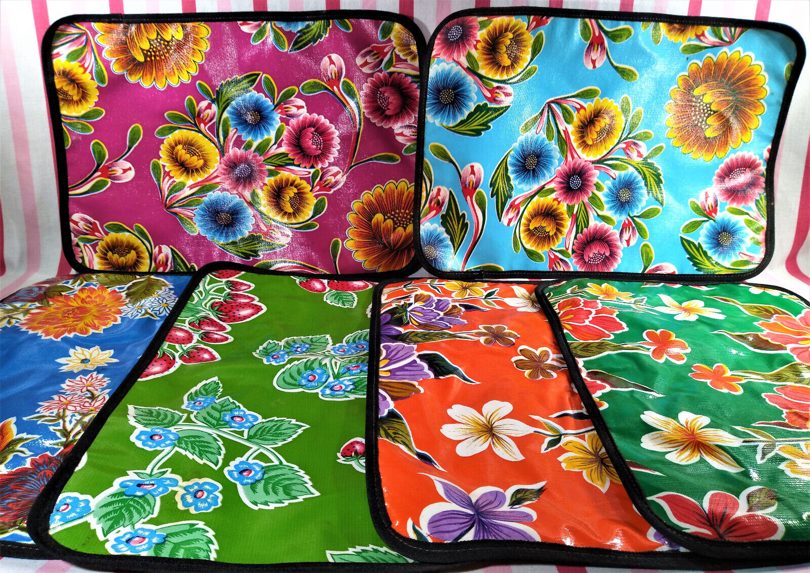 Gorgeous Retro Oilcloth 6pc Colorful Floral & Fruit Reversible Placemat Set