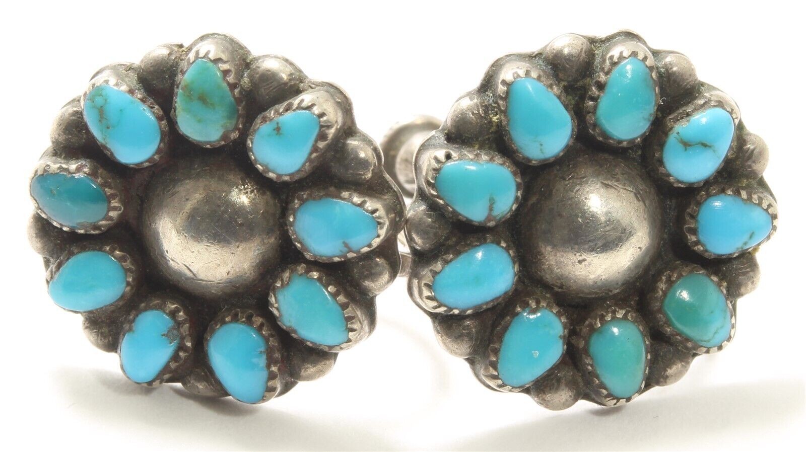 Vintage Zuni Sterling Silver Old Pawn Petitpoint Turquoise Screwback Earrings