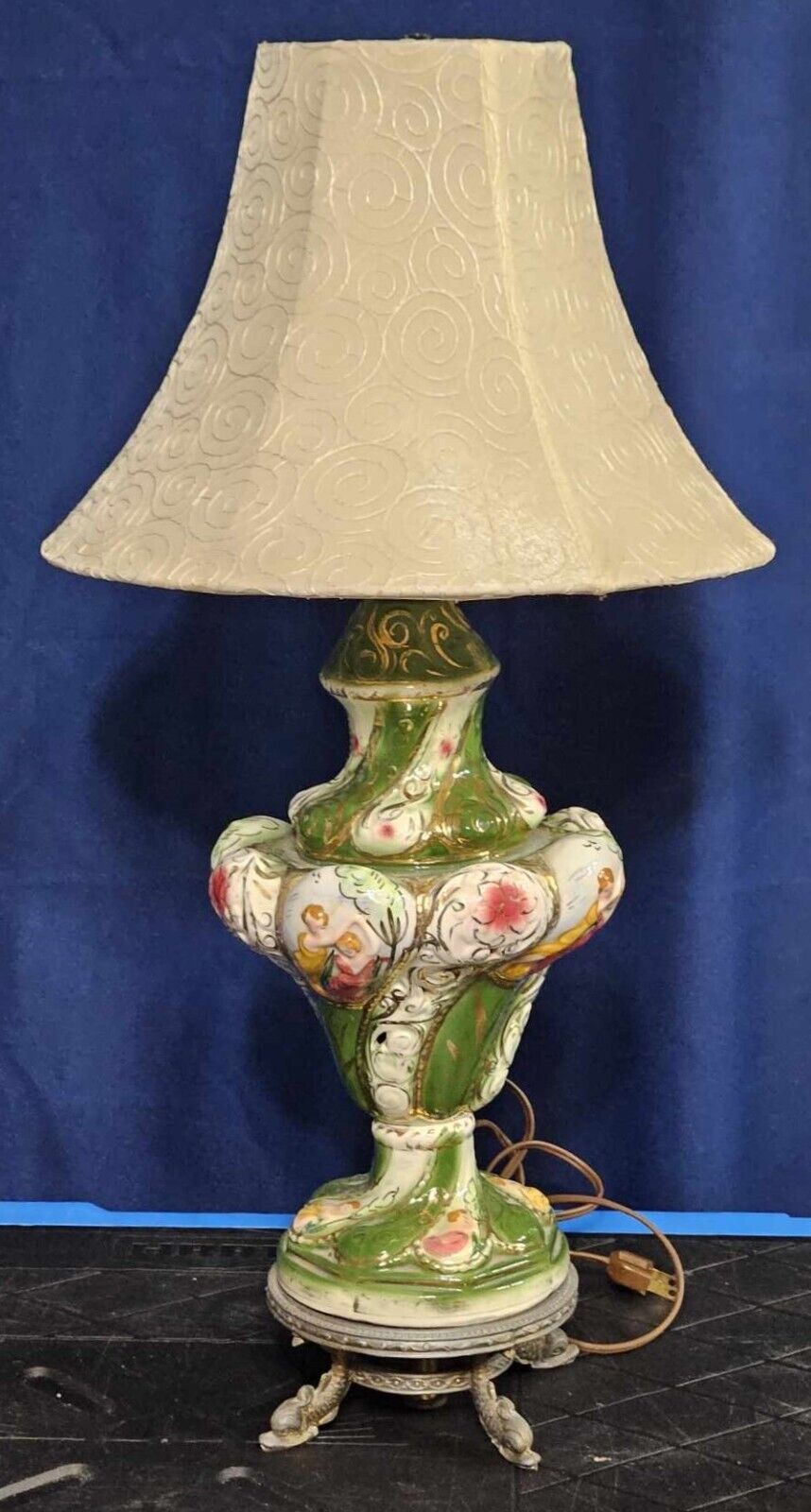 Vintage Italy Capodimonte Antique Cherub Lamp Tested Working, Minor Cosmetic