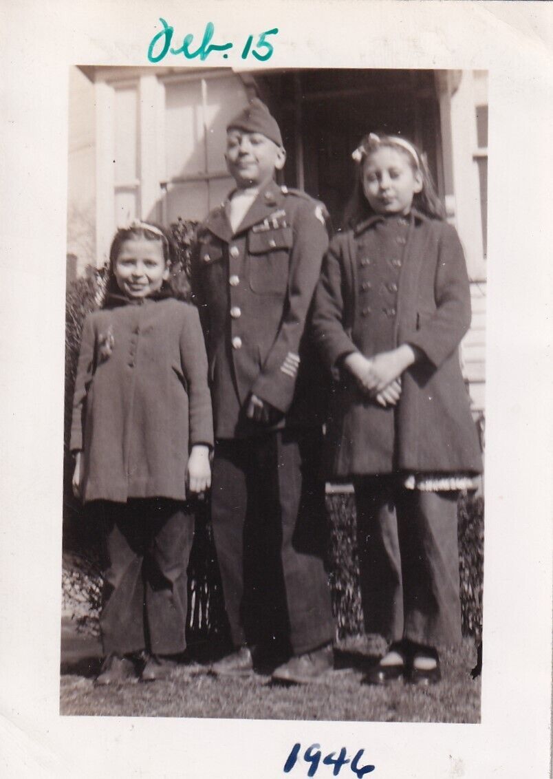 Vintage Photo Young Girls & Brother In Military Uniform Circa 1946 WWII Quality
