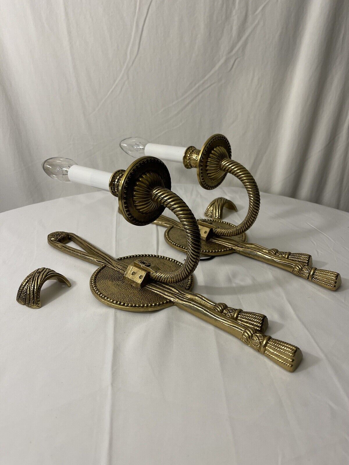 Vtg Rope & Tassel Brass Wall Candle Light  Electric Sconce Regency Pair