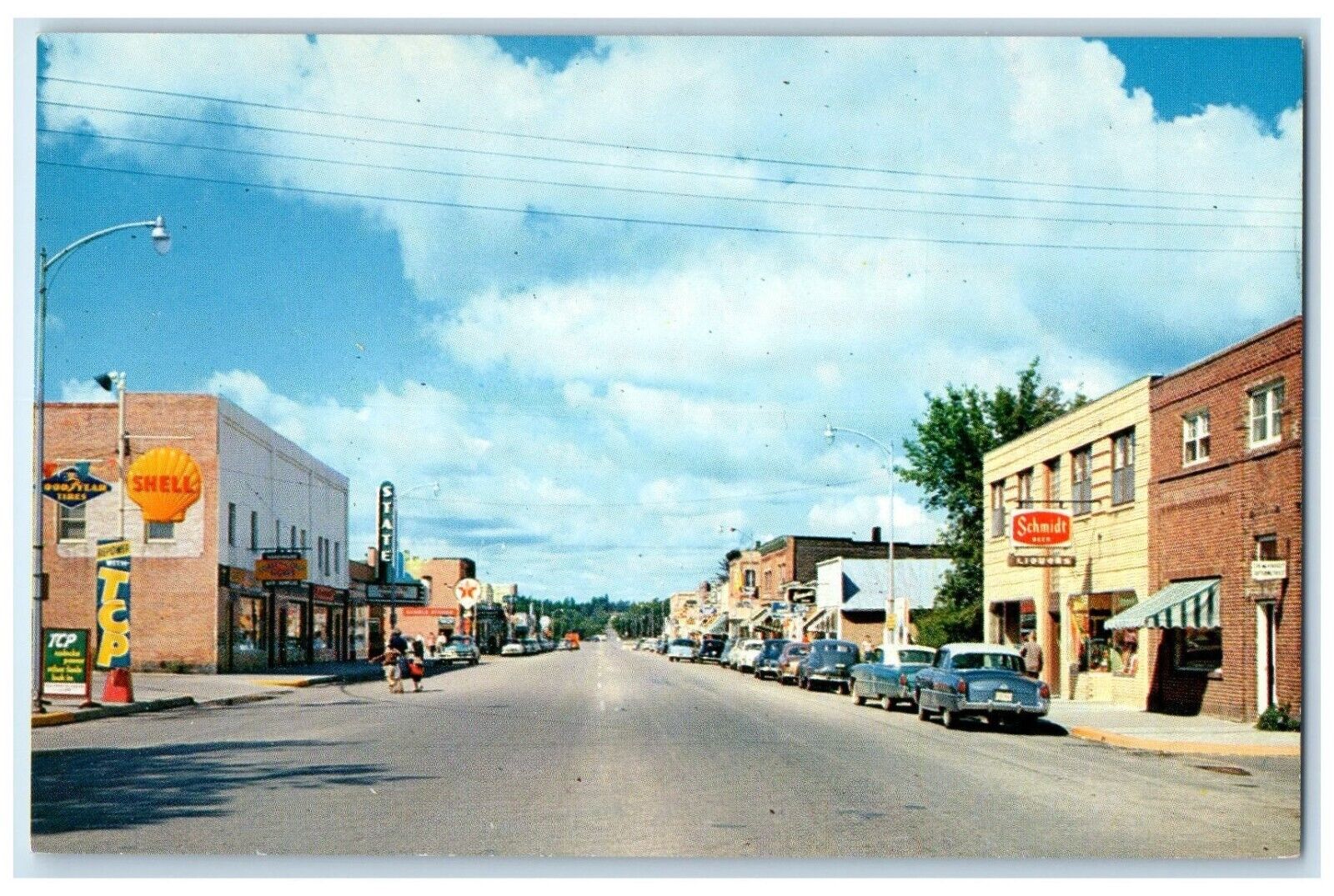 c1950's Main Street View Shell Schmidt Cars Walker Minnesota MN Vintage Postcard