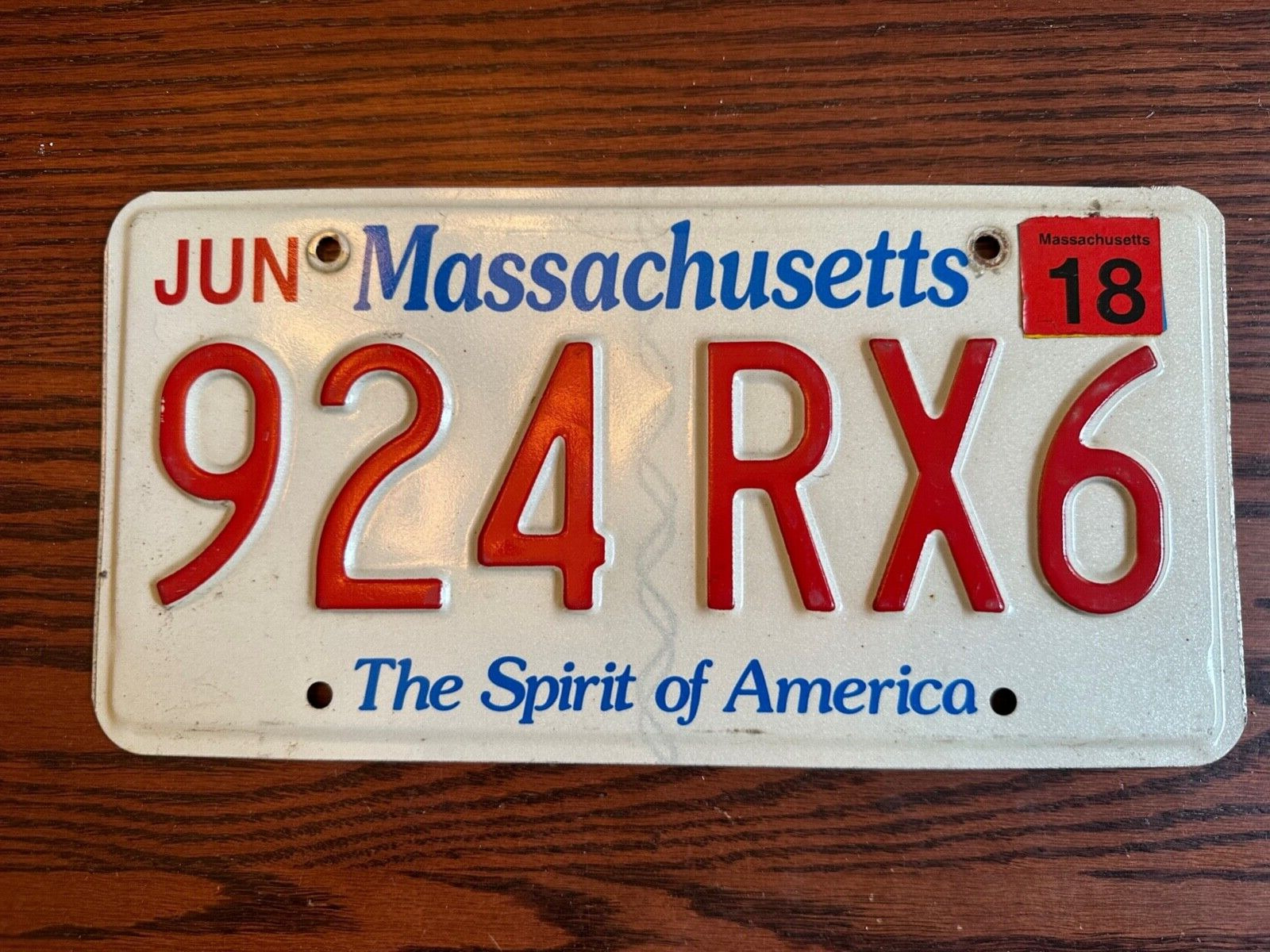 2018 Massachusetts License Plate 924 RX6 Spirit of America MA USA Authentic June