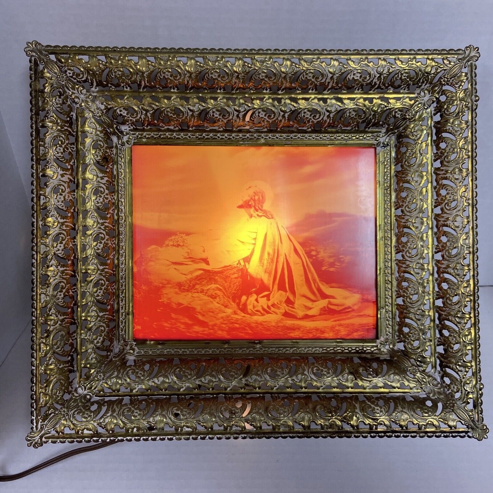 Vintage Jesus Garden Of Gethsemane Praying lighted picture in metal frame 3d