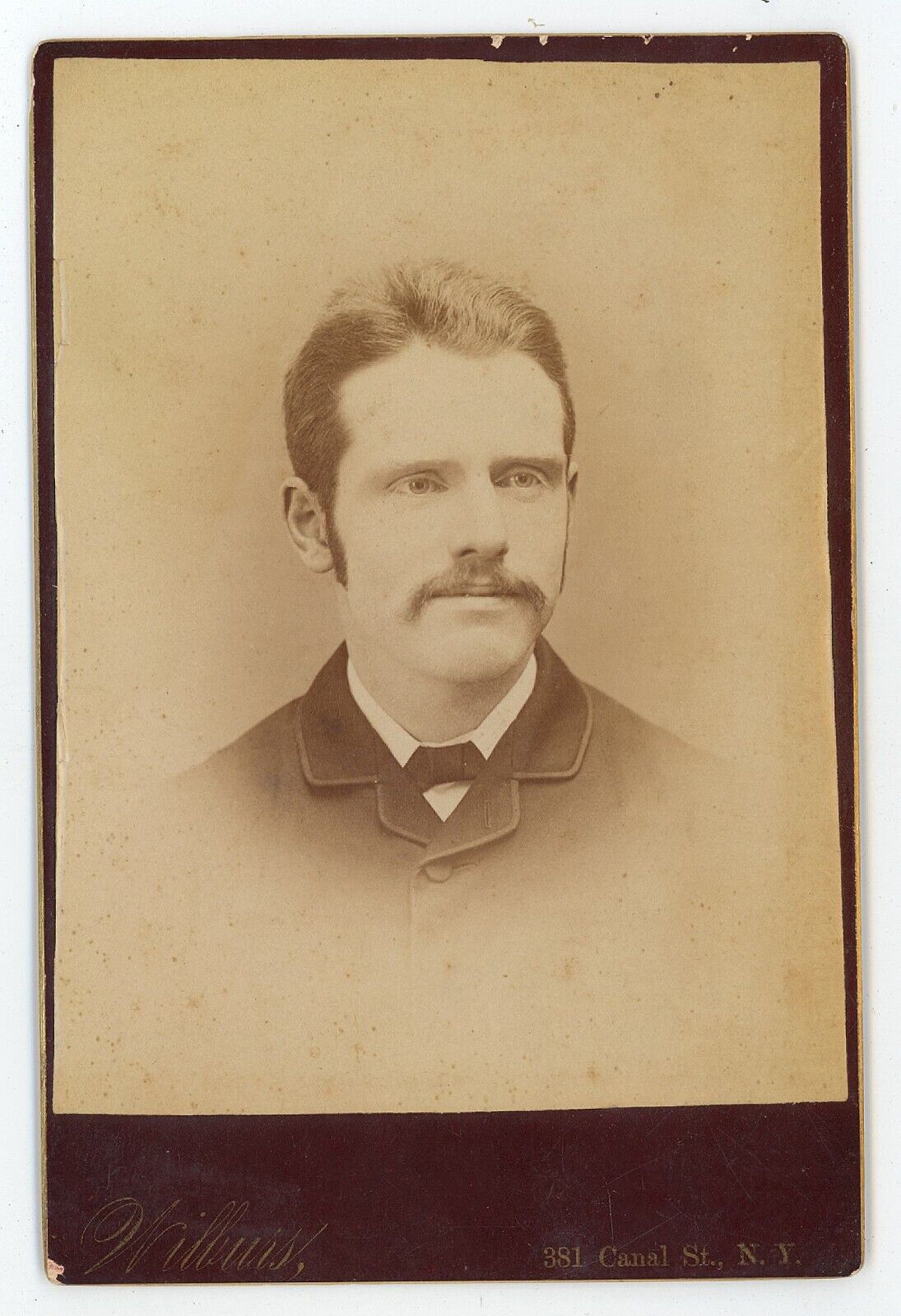 Antique Circa 1880s Cabinet Card Wilburs Handsome Man Mustache New York, NY