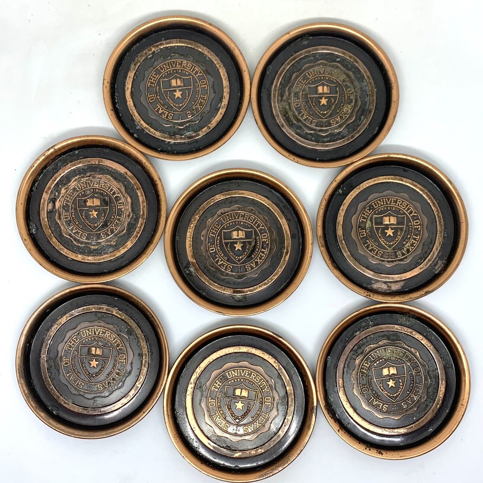 Vintage Set of 8 University Of Texas Copper Coasters by Hyde Park