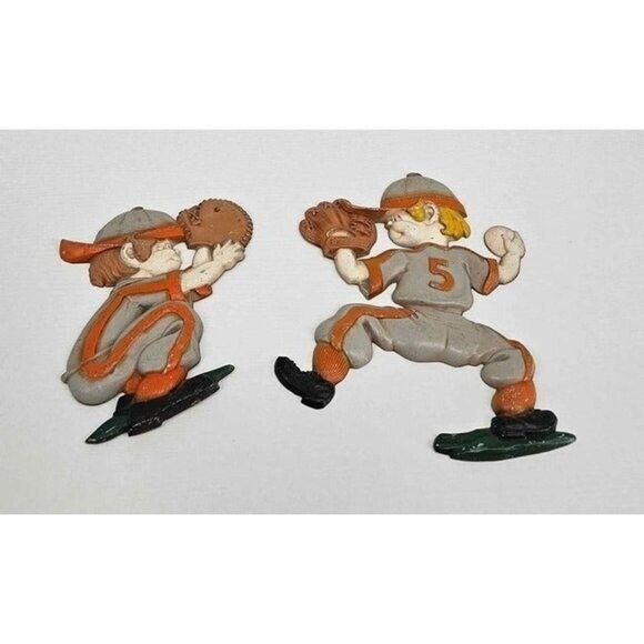 Vintage Set of 2 Sexton Baseball Player Metal Wall Plaques - Pitcher & Catcher