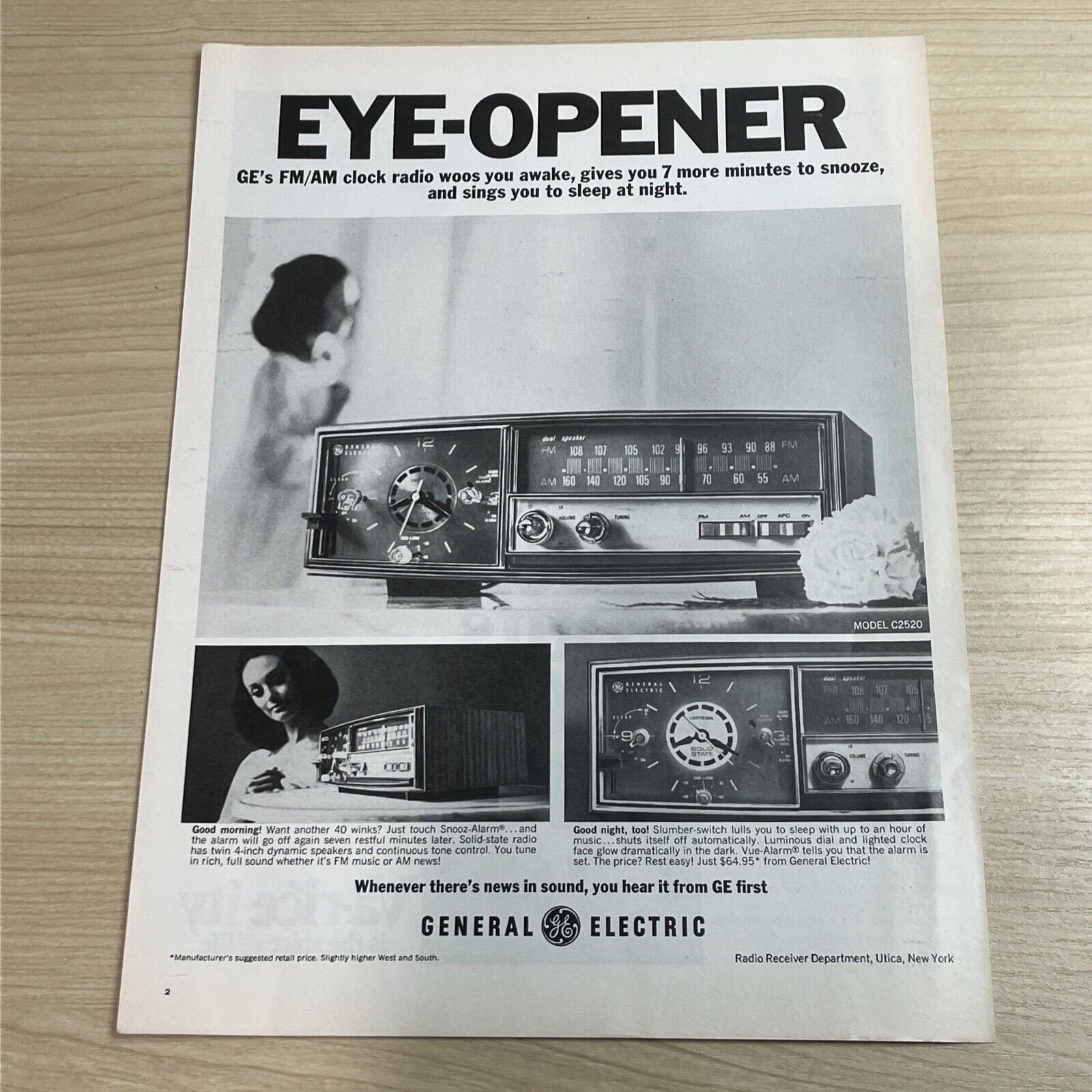 General Electric Eye Opener FM AM Clock Radio 1968 Vintage Print Ad