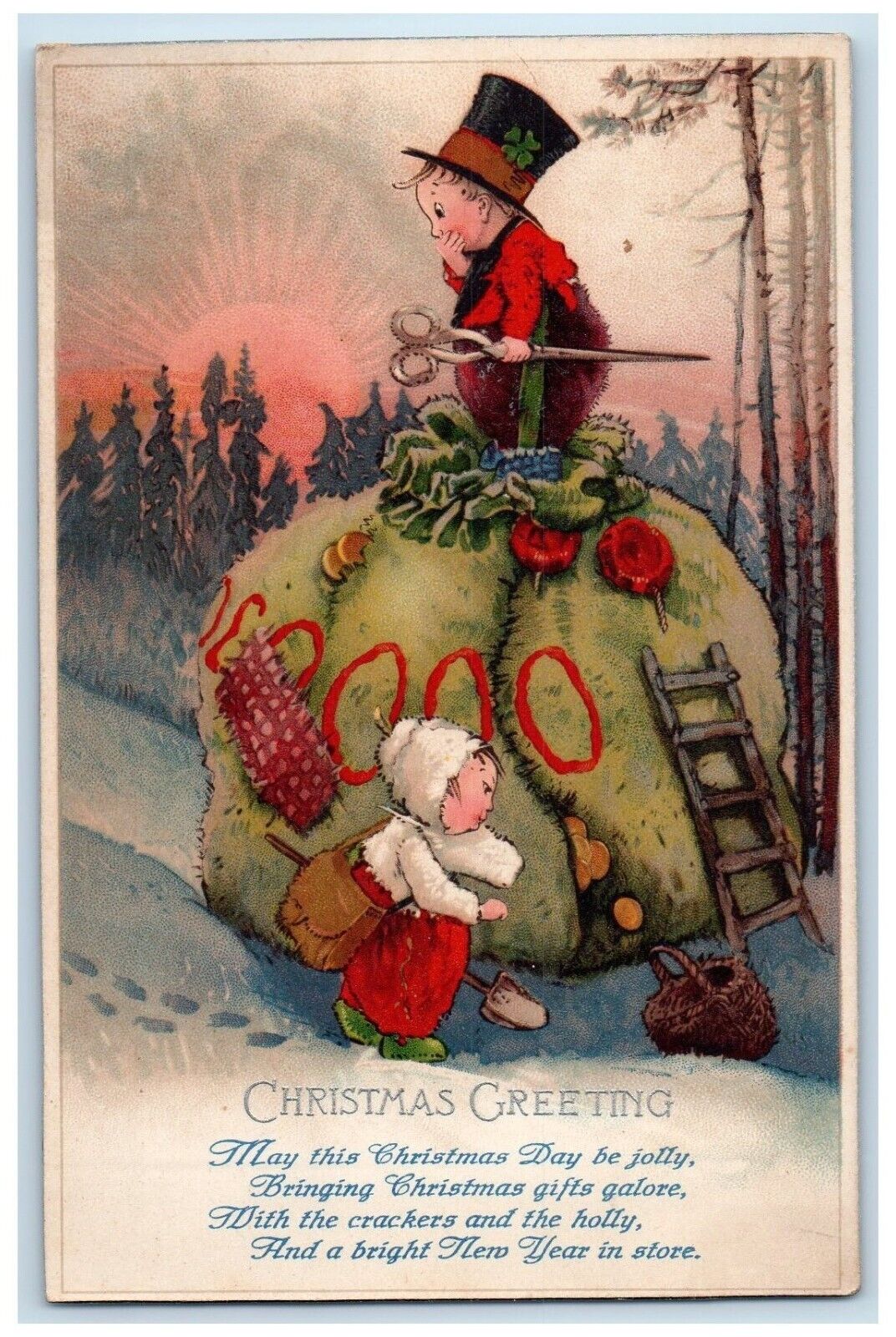 c1910's Christmas Greetings Sewing Childrens Scissor Ladder Antique Postcard