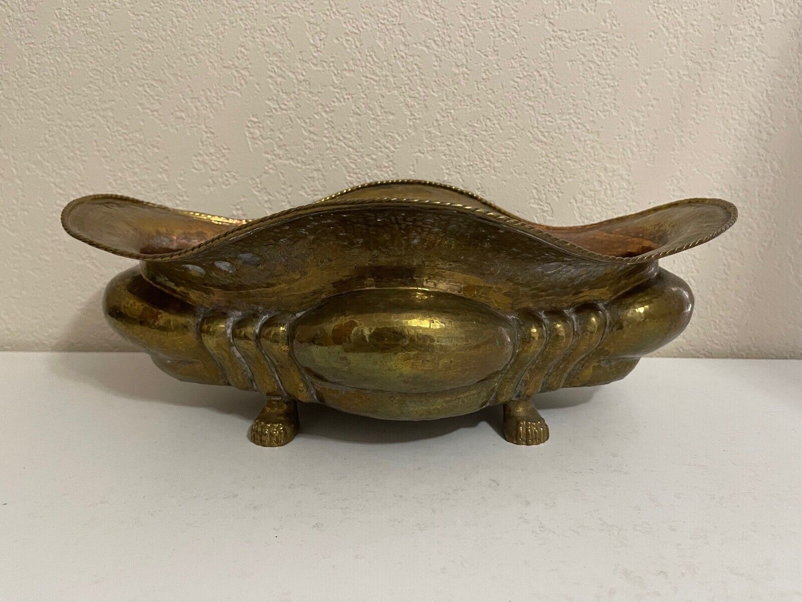 Vintage Italian Large Hammered Copper or Brass Planter on Paw Feet w Makers Mark