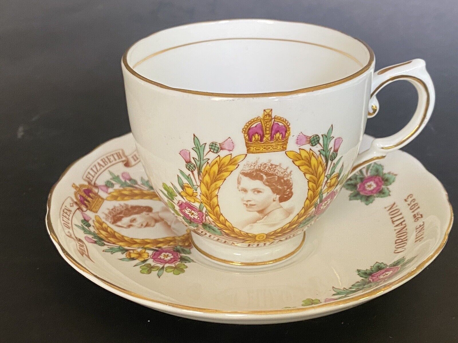 H.M. Queen Elizabeth Coronation 1953 Tea cup and Saucer Tuscan Bone China Roses 