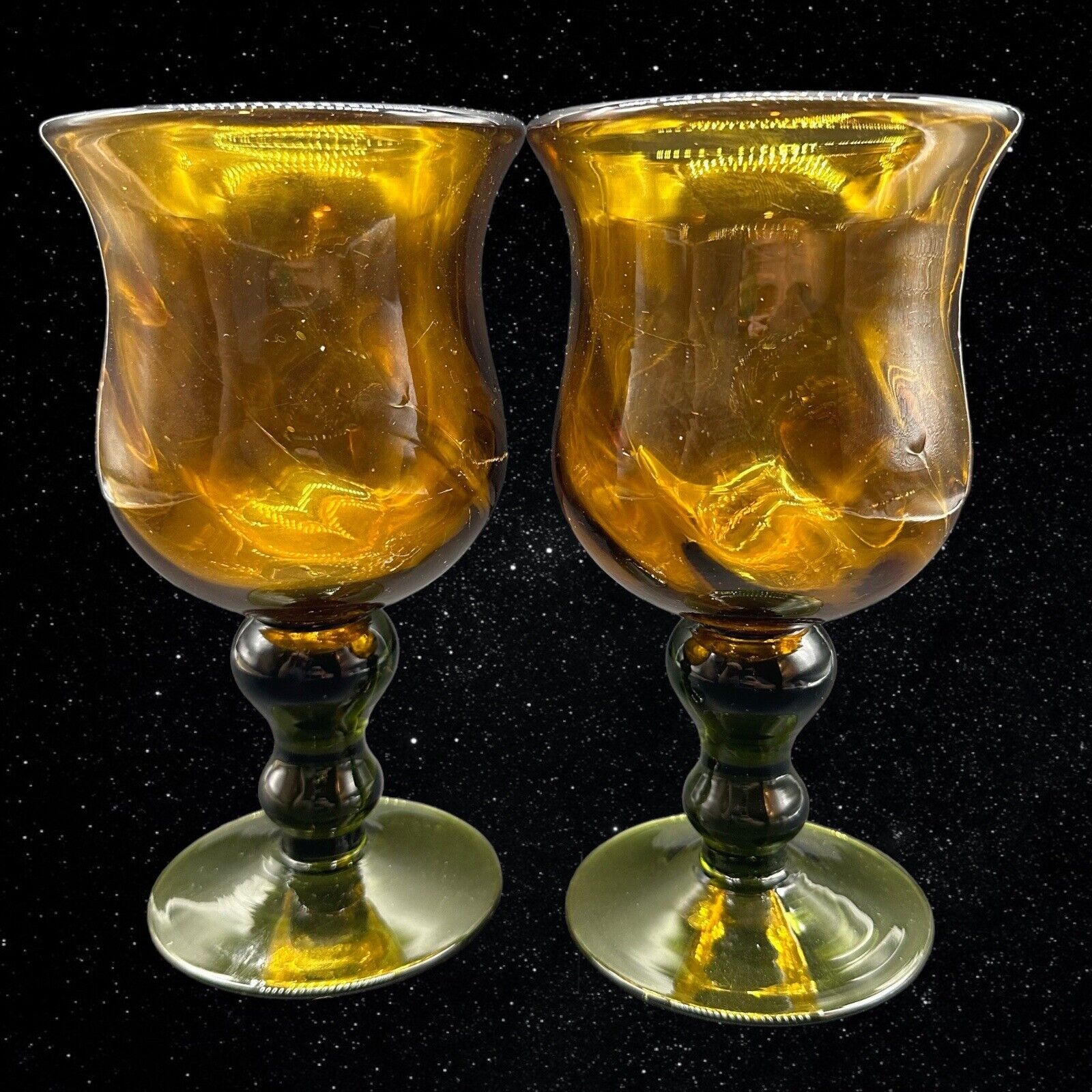 Art Glass Hand Blown Amber Green Base Drinking Goblets 2 Pc Set 6.5”T 3.5”W