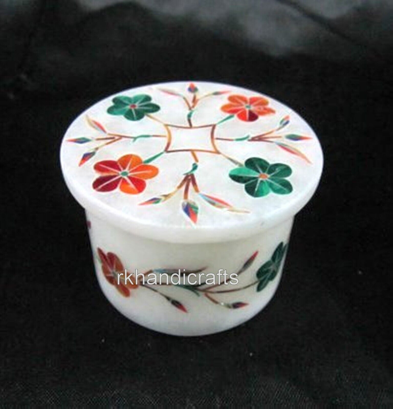 2.5 Inches Round Marble Paper Pin Box Inlaid with Gemstone Ring Box for Wedding