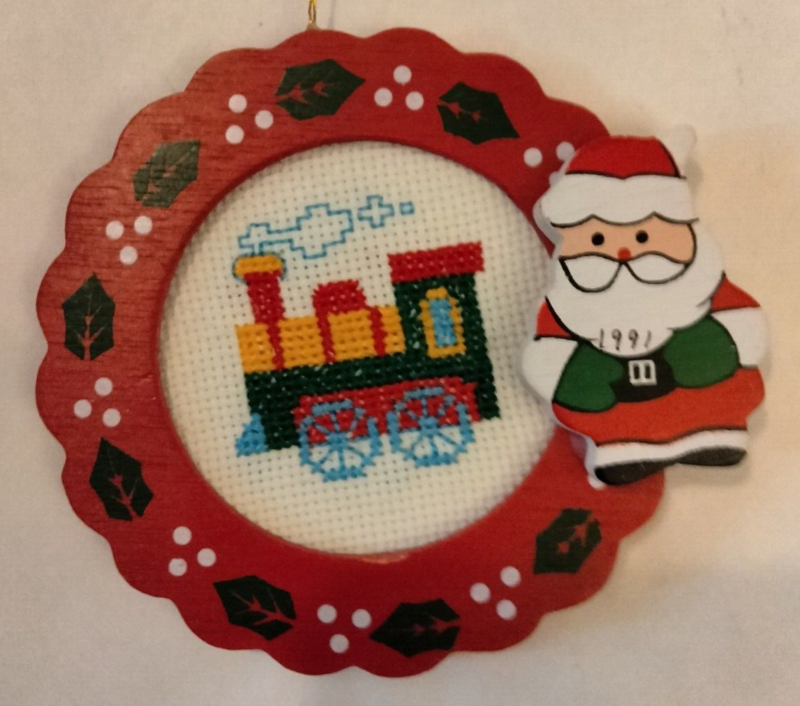 Vintage Cross Stitch Christmas Ornament Santa Claus Train 1991 Grandmillennial