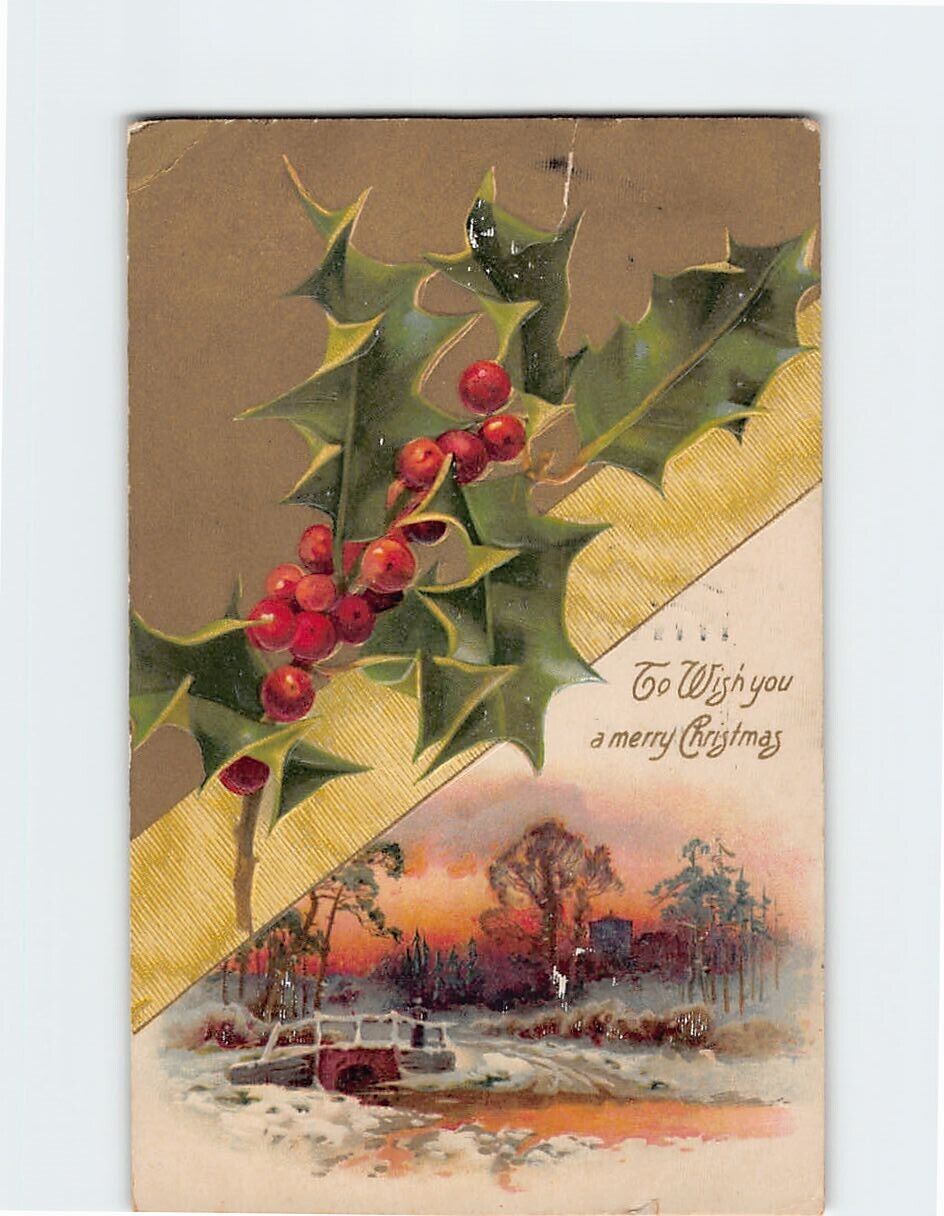 Postcard Embossed Holiday & Winter Scene Print To Wish You a Merry Christmas