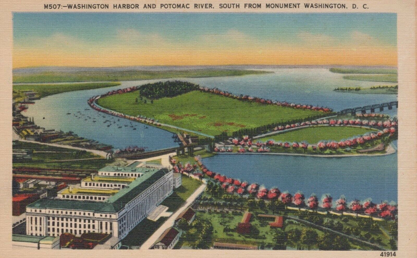 Washington DC Harbor and Potomac River Vintage Linen Postcard 