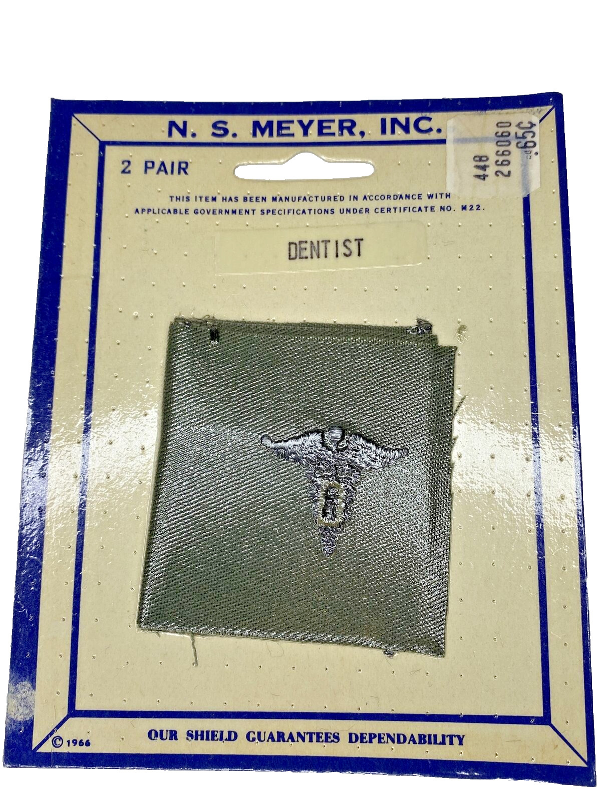 VTG 1966 US Military NS Meyer Green Cloth DENTIST emblem NOS 2 pair/unopened PKG