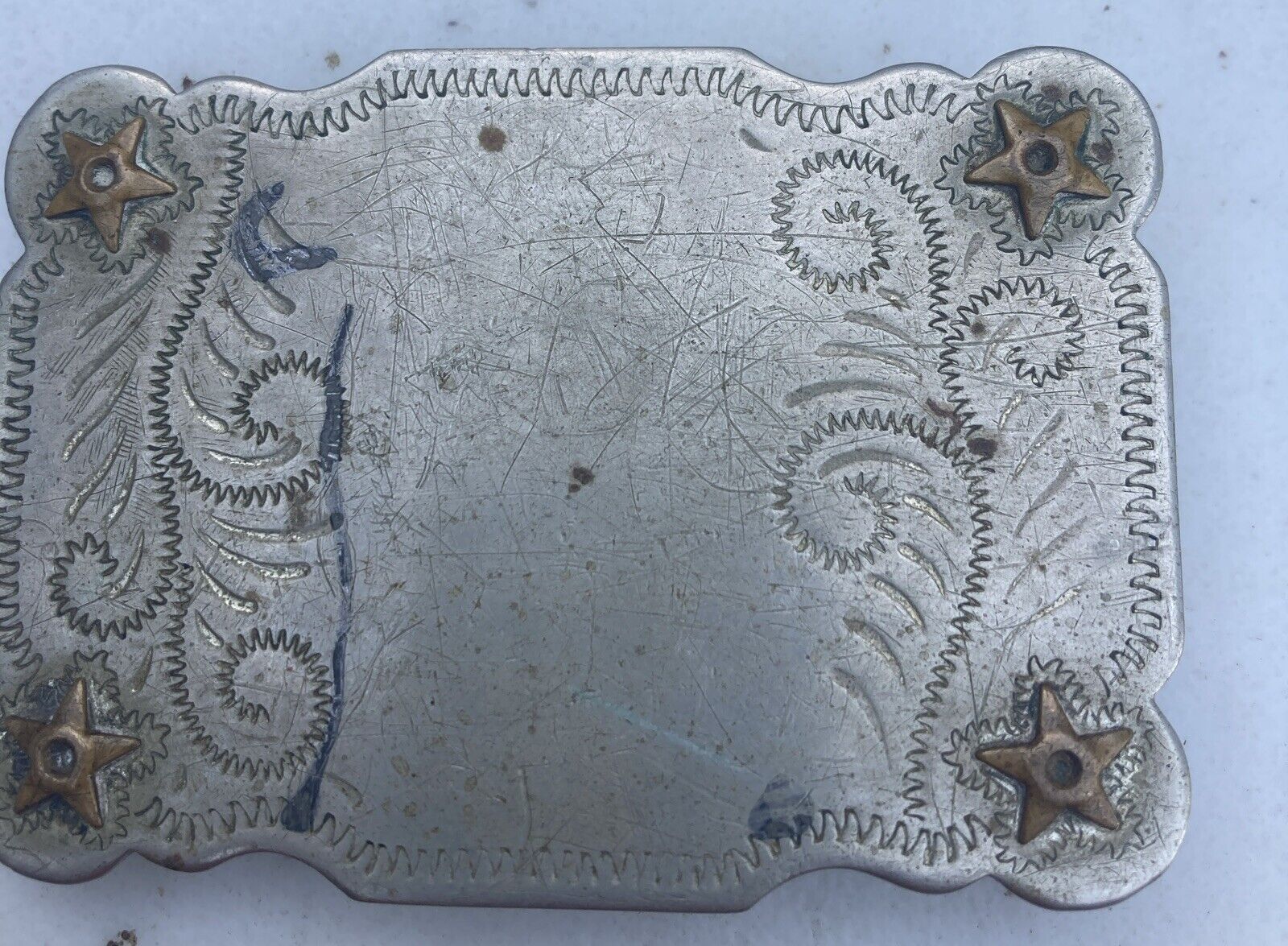 vintage nickel silver belt buckle with stars hand tooled Western Americana CAB