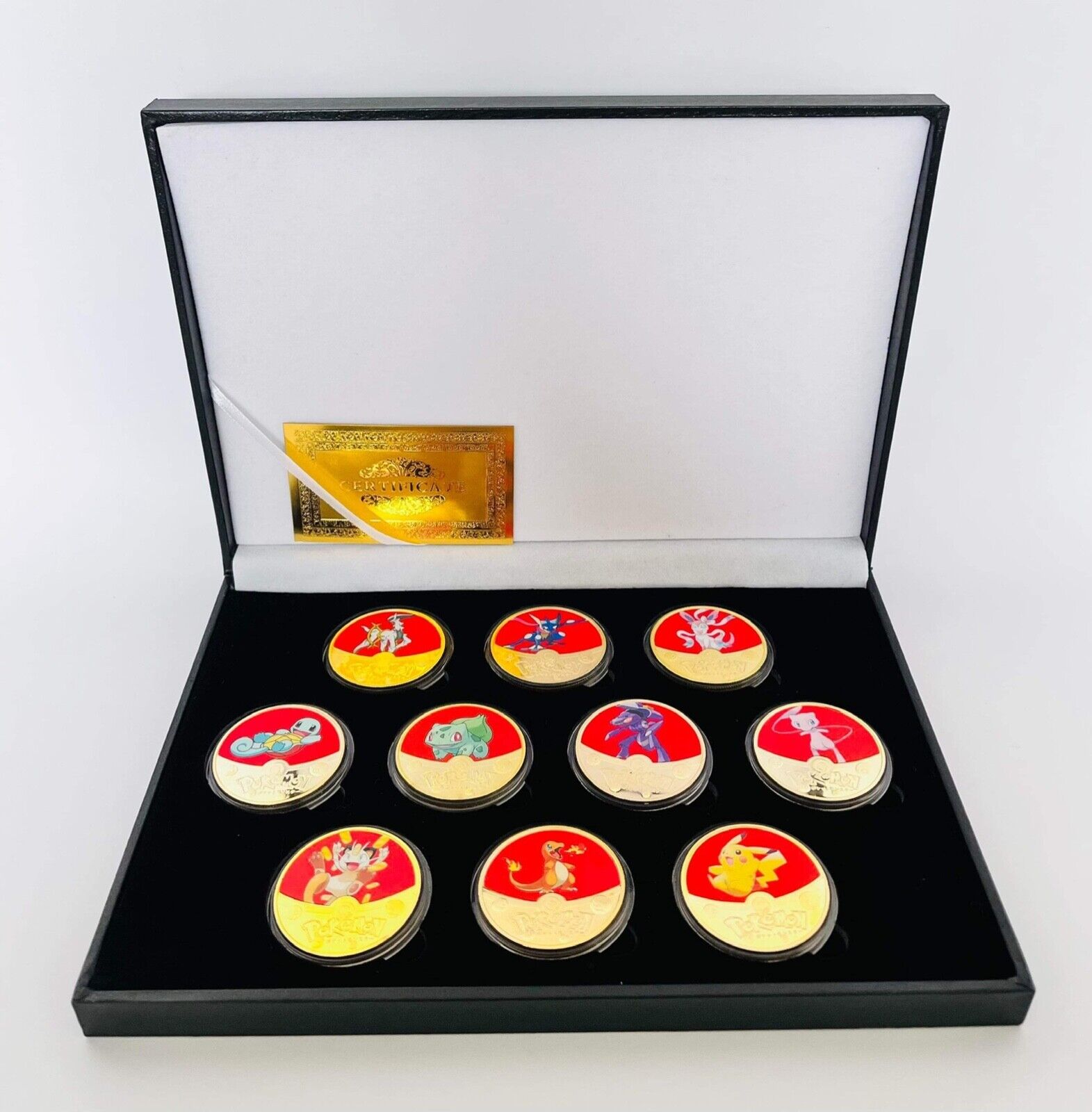 x10 Pokemon Rare Gold Plated Collectible Coins Set In A Black Display Box