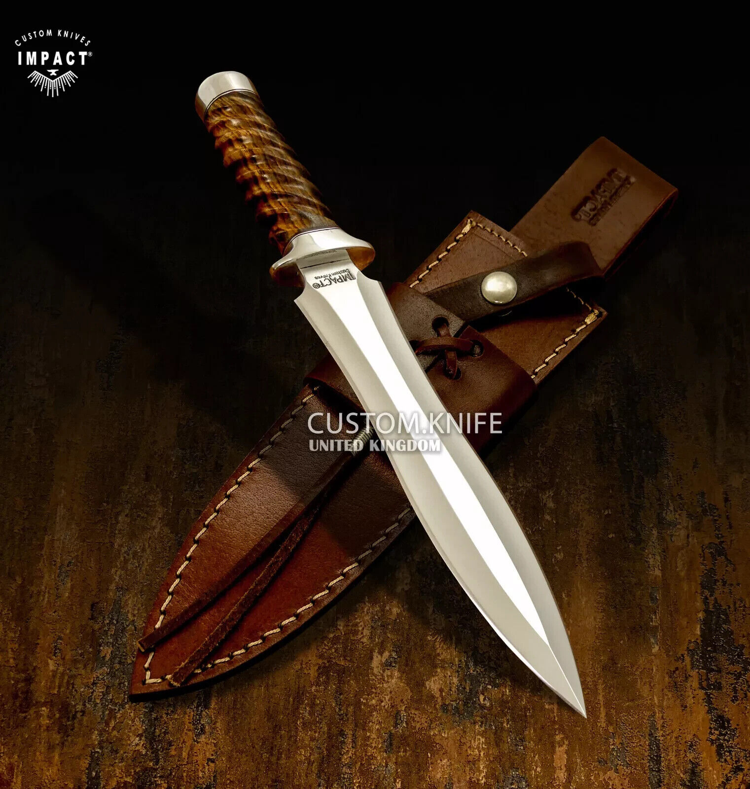IMPACT CUTLERY CUSTOM HUNTING DAGGER KNIFE BURL WOOD HANDLE- 1613