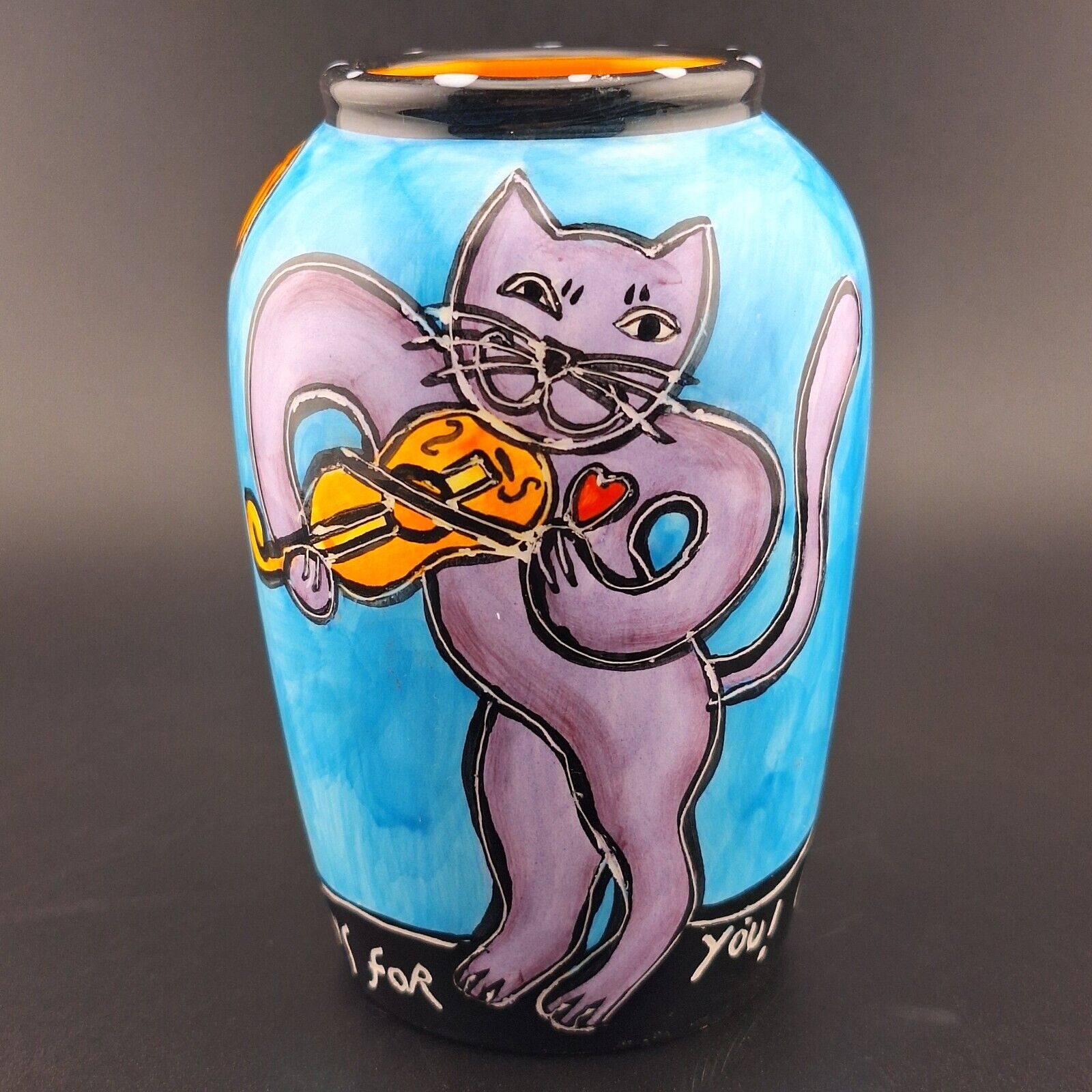 HAPPY CAT PLAYS FOR YOU Outi Hand Painted Pottery Vase 4\