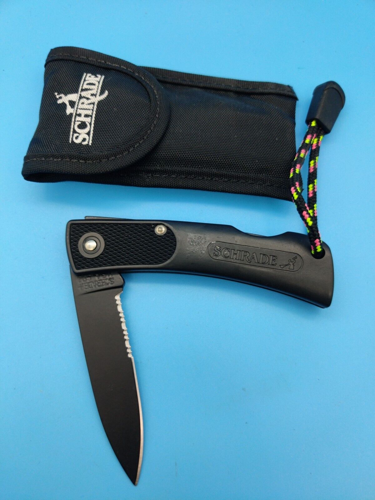 Schrade + SP3 Made in U.S.A. ALL BLACK PARTIAL SERATED Lockback Knife