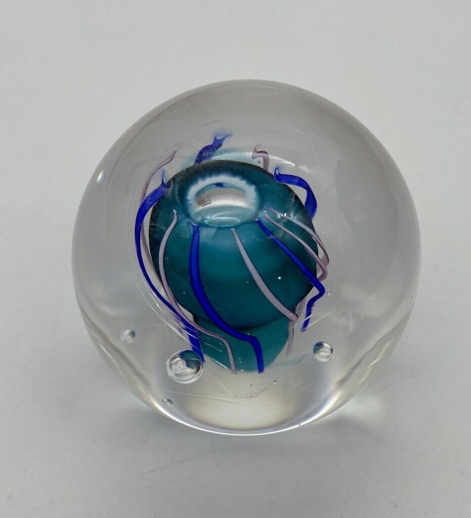SIR Art Glass Paperweight Round Small Shape Blue Swirl 3 oz
