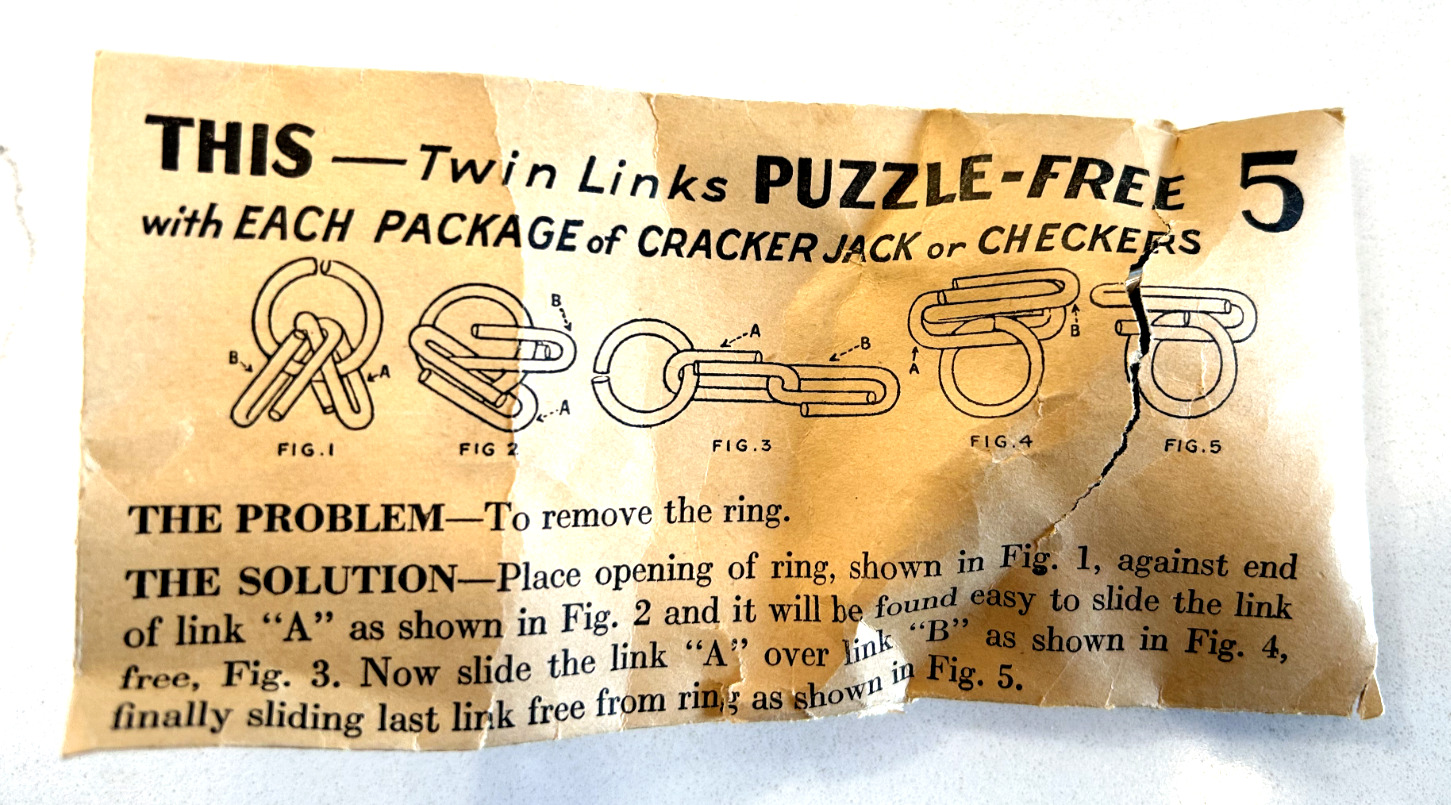 1930s CRACKER JACK PRIZE TWIN LINKS PUZZLE No 5 WITH ORIGINAL ENVELOPE