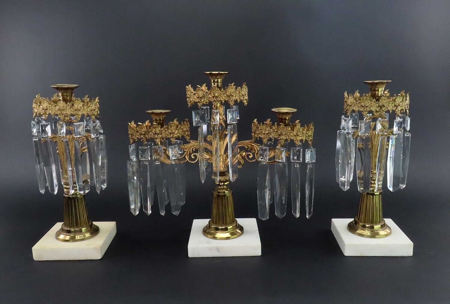 Exceptional c1850s 3pc Victorian Gilt Brass Mantle Luster Prisms Candelabra Set