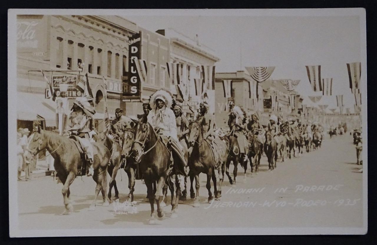 1935 Sheridan Wyoming Rodeo Parade Native Americans Photo Post Card PC1-5