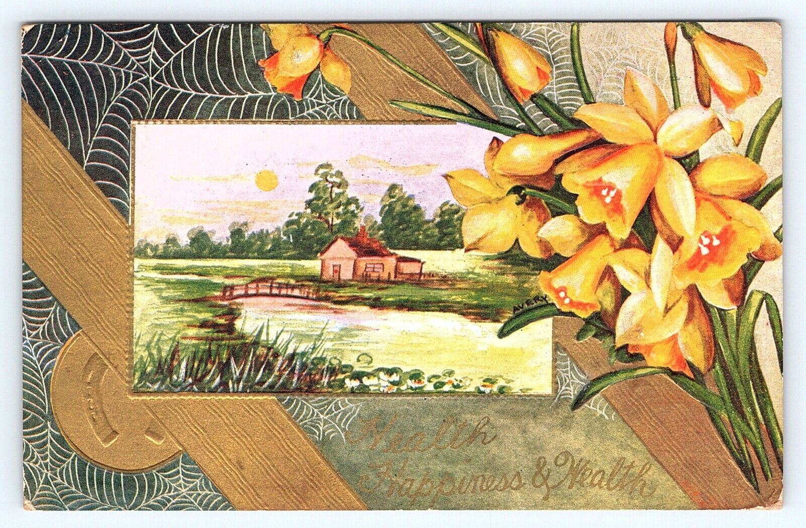 1913 Antique Health Happiness Wealth Postcard Horse Shoe Daffodils Posted A27
