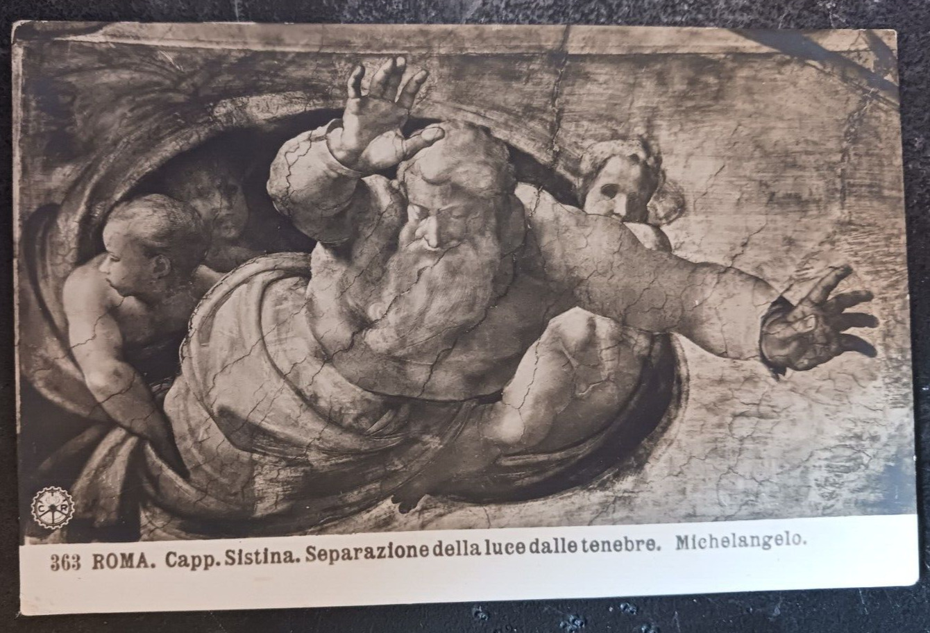 vtg postcard Michelangelo Luce Dalle Tenebre Sistine Chapel art unposted old