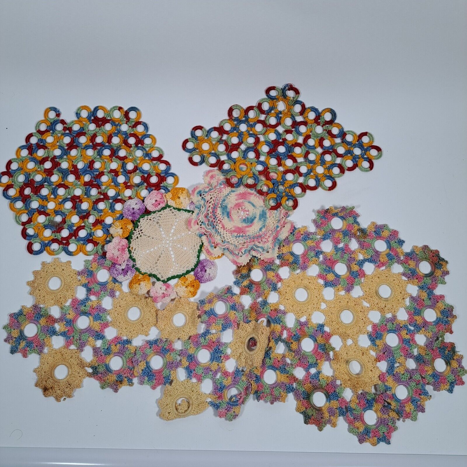 VTG TLC Crocheted Embroidered Doilies colorful Star hot pad