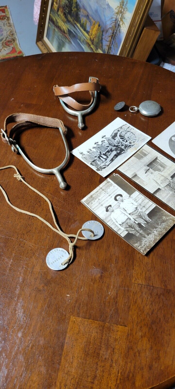 Old Vintage WWI American US Soldier Dog Tag Spurs Compass Photo Collar Disc Lot